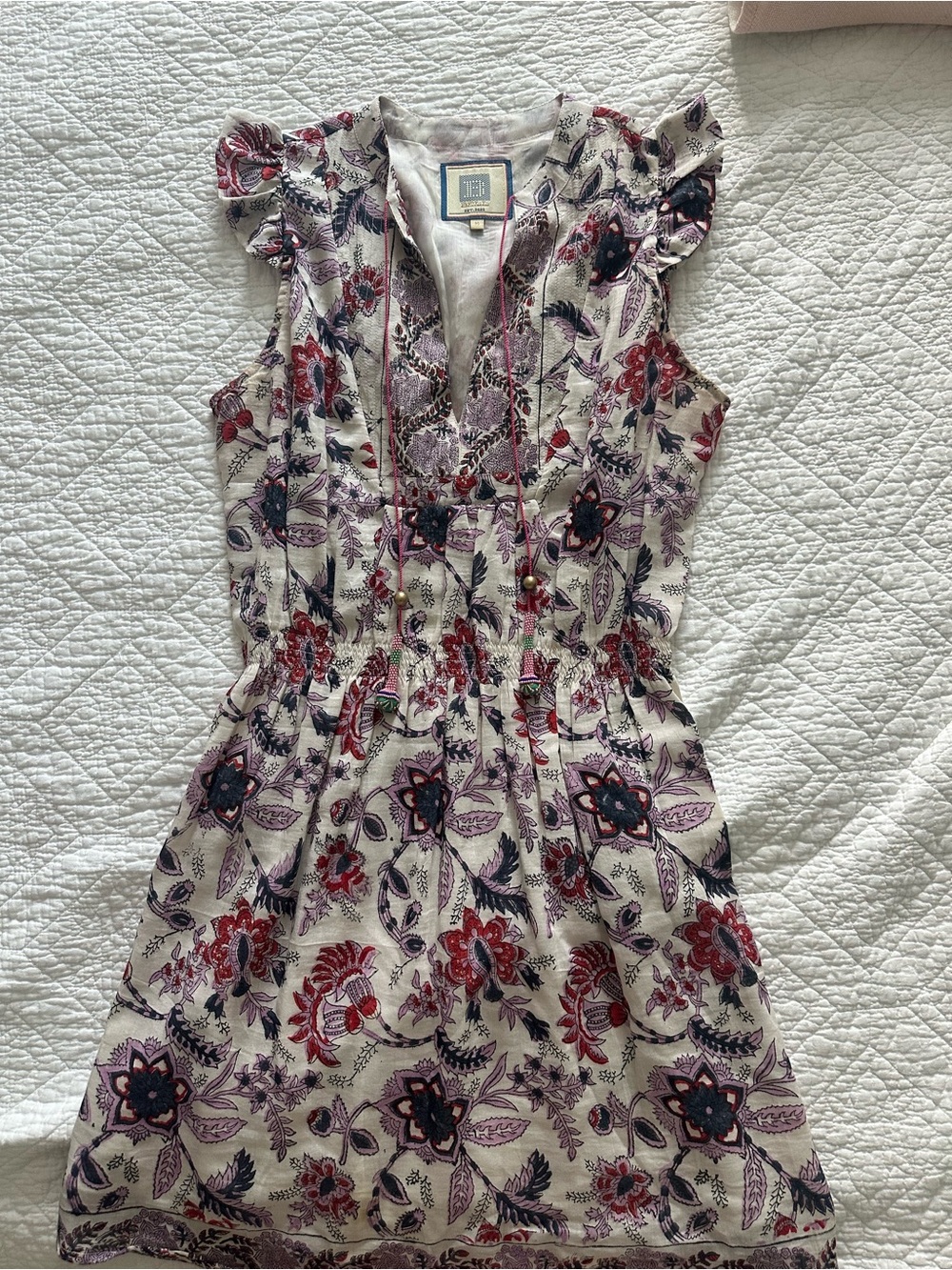 Floral V-Neck Mini Dress in Ivory with Red & Purple Print